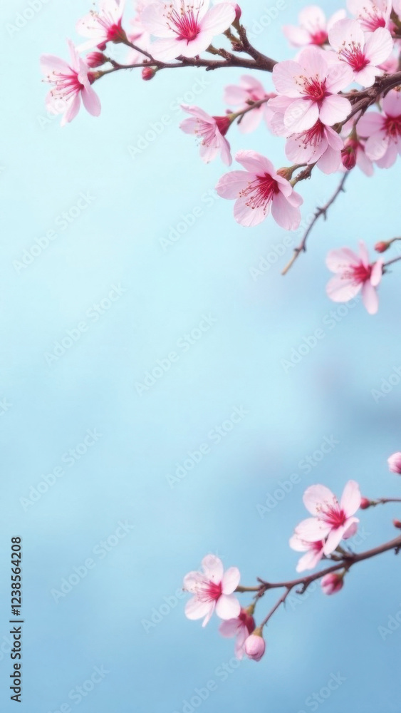 Branch of blooming pink sakura flowers on light blue background and space for text