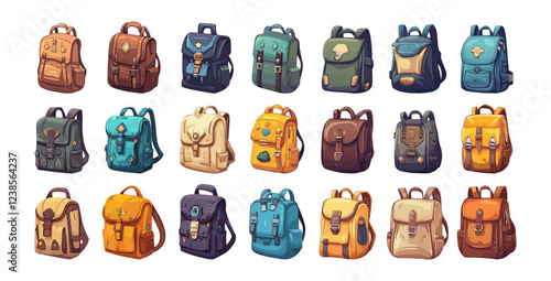 Backpacks cartoon vector set. Travel utility gear bags knapsacks carry hiking packs satchels daypacks, wearable modern accessories isolated illustrations on white backdrop