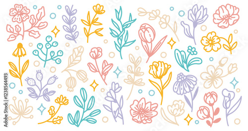 Hand Drawn Floral Doodle Pattern – Cute Pastel Line Art Flowers and Botanical Elements Background for Digital Design, Scrapbooking, and Decorative Prints