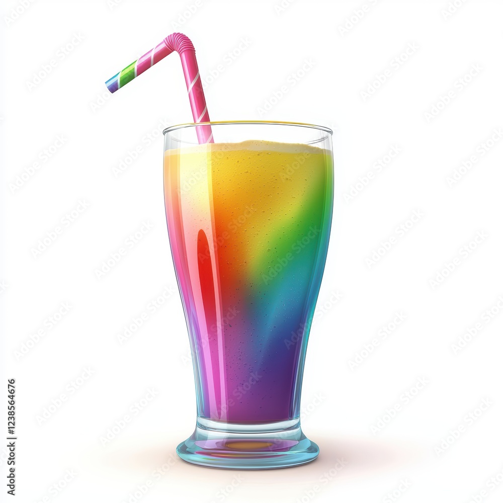 Bright rainbow smoothie in a clear glass with a fun straw, ideal for children, isolated on white background Bright rainbow smoothie in a clear glass with a fun straw, ideal for children, isolated on white background