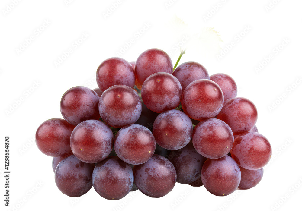 Fototapeta premium Cluster of fresh purple grapes with green leaves, isolated on white background