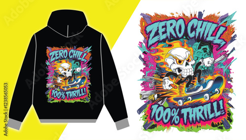 Zero Chill Skateboard Skull – High-Octane Thrill Graphic Hoodie with Fiery Street Art, Extreme Sports Vibes, and Bold Urban Punk Rock Aesthetic