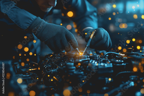 Man fabricating metal component in workshop using tools and machinery for precision engineering and craftsmanship photo