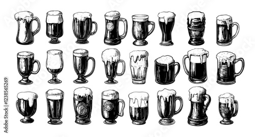 Beer cups engraving vector set. Foamy mug ale tumblers carved containers pub beverages tankard bar pitchers, party holiday etched glassware drinking isolated illustration on white background