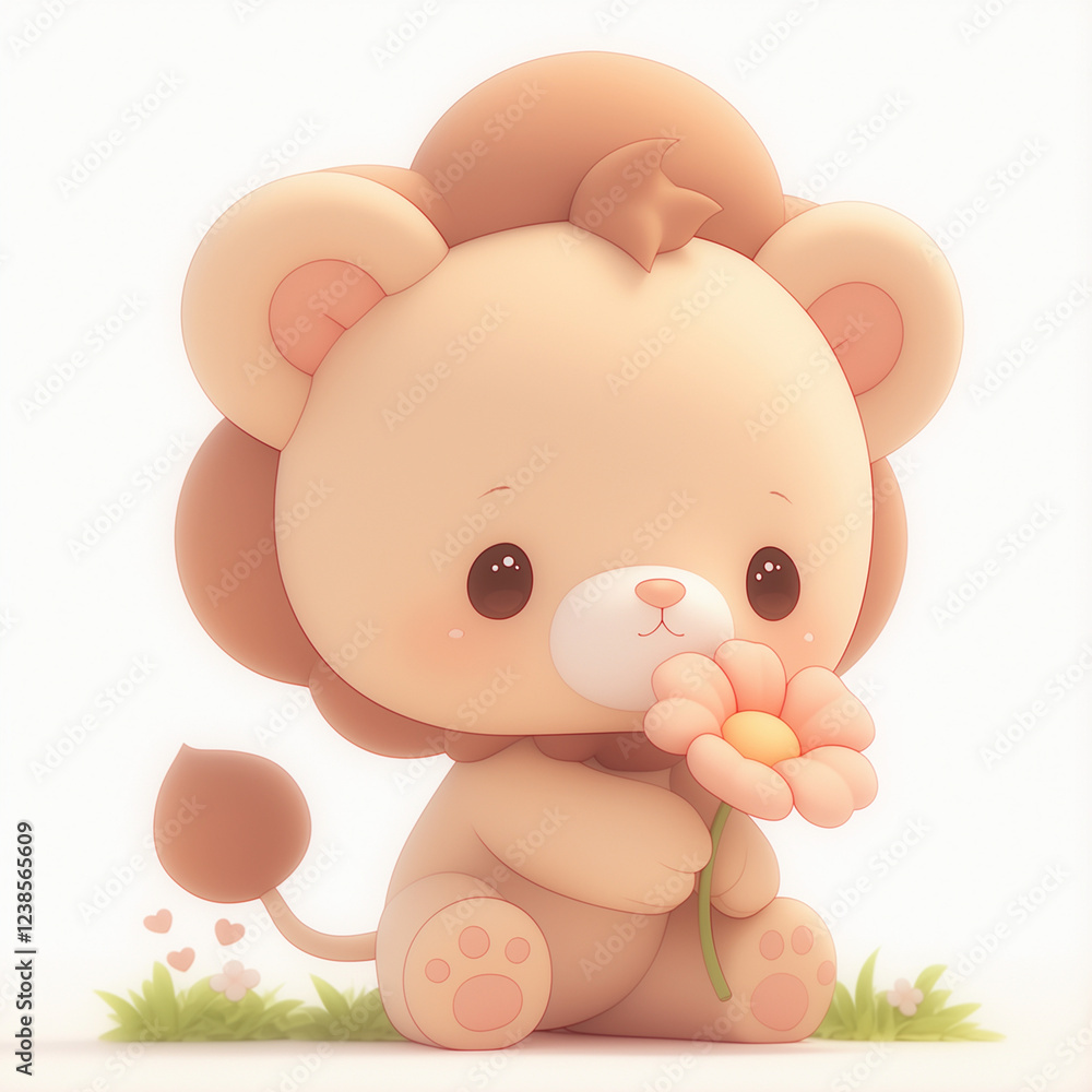 Cute lion sitting on grass with flower on white background Cute lion sitting on grass with flower on white background