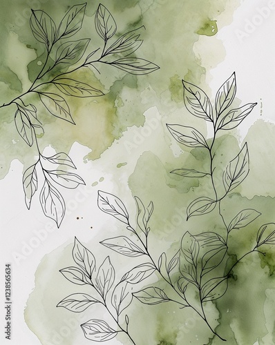 Soft olive green with delicate leaf outlines and light watercolor wash abstract background
