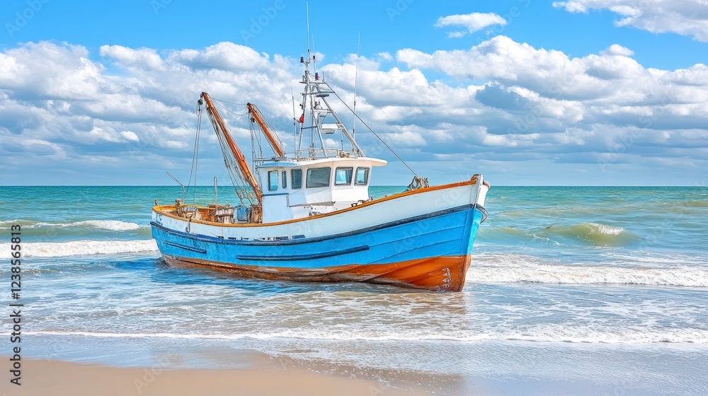 A small fishing boat, painted blue and white, sits partially submerged on a sandy beach, waves gently lapping around its hull. The sky is bright blue A small fishing boat, painted blue and white, sits partially submerged on a sandy beach, waves gently lapping around its hull. The sky is bright blue