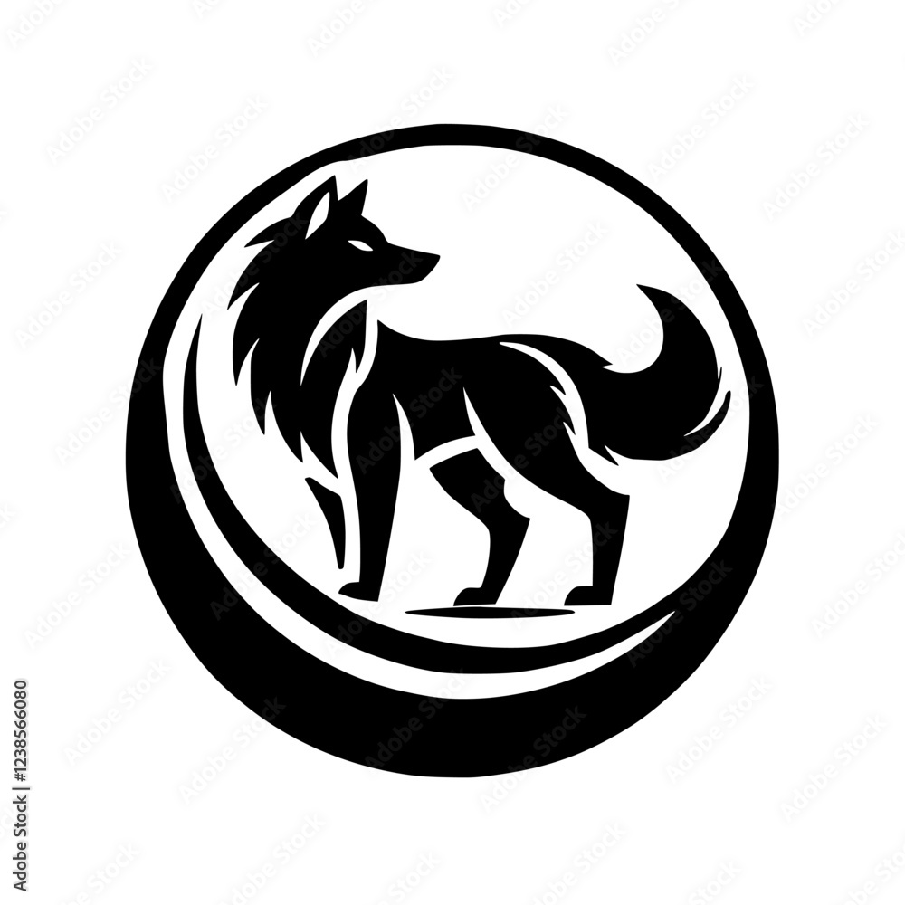 Fototapeta premium Majestic Wolf in a Circle: Black and White Animal Logo Design. Perfect for branding, nature-themed projects, and more!