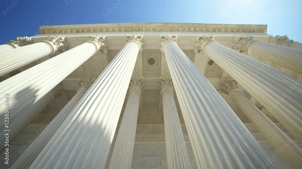 Obraz premium Courthouse pillars standing tall against a clear blue sky, symbolizing justice, law, and the enduring strength of the legal system in society.