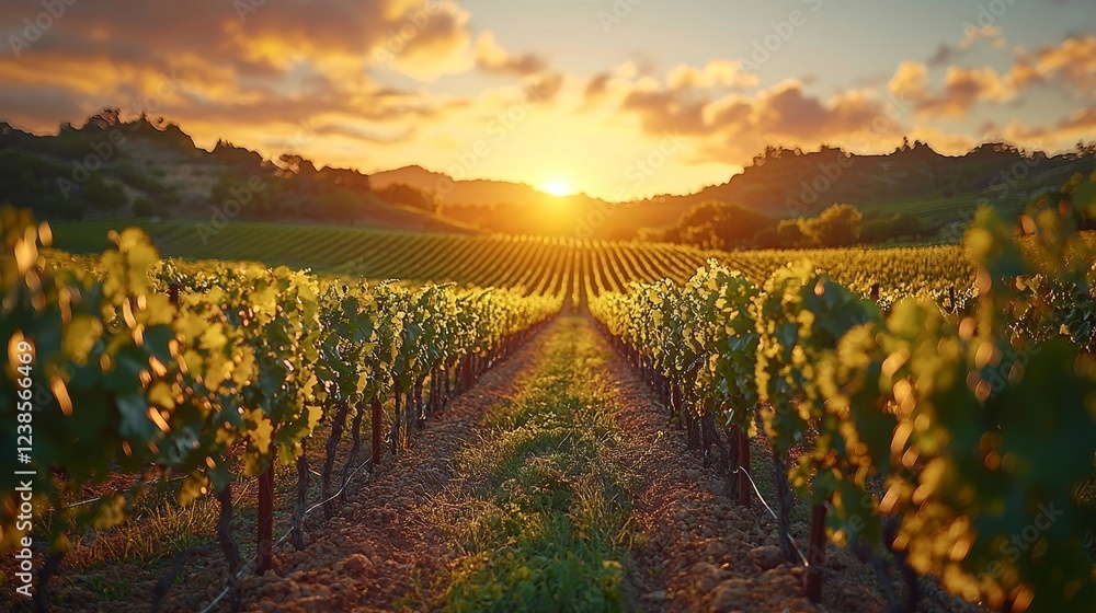Fototapeta premium Serene Sunset Glow Over Picturesque Countryside Vineyard Landscape