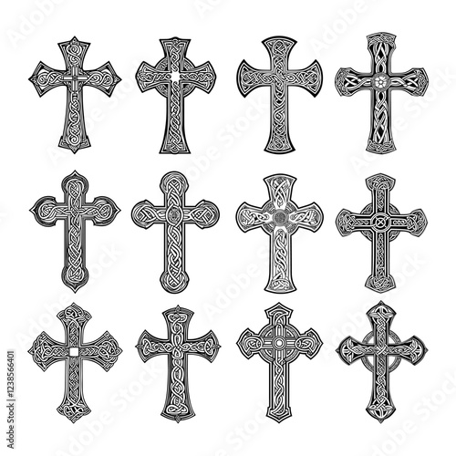 Celtic cross black ink sketch vector set. Irish traditional old christian symbol welsh scottish gaelic native patterns ornaments, crucifix cult tattoo flashes hand drawn isolated vectors
