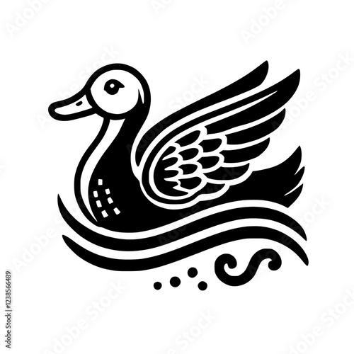 Stylized Duck in Water: Black and White Bird Vector Graphic. Perfect for nature, animal, and minimalist designs. Ideal for logo, icon, or symbol.