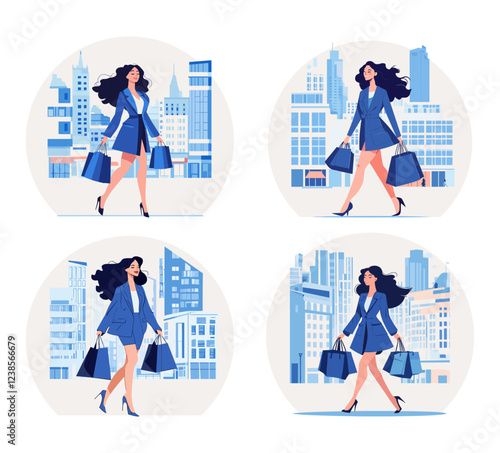 Cityscape shopping fashionable girl cartoon scenes. Urban young modern costume dressed holding packets street walking woman, satisfied buyer customer female person, isolated vector artworks