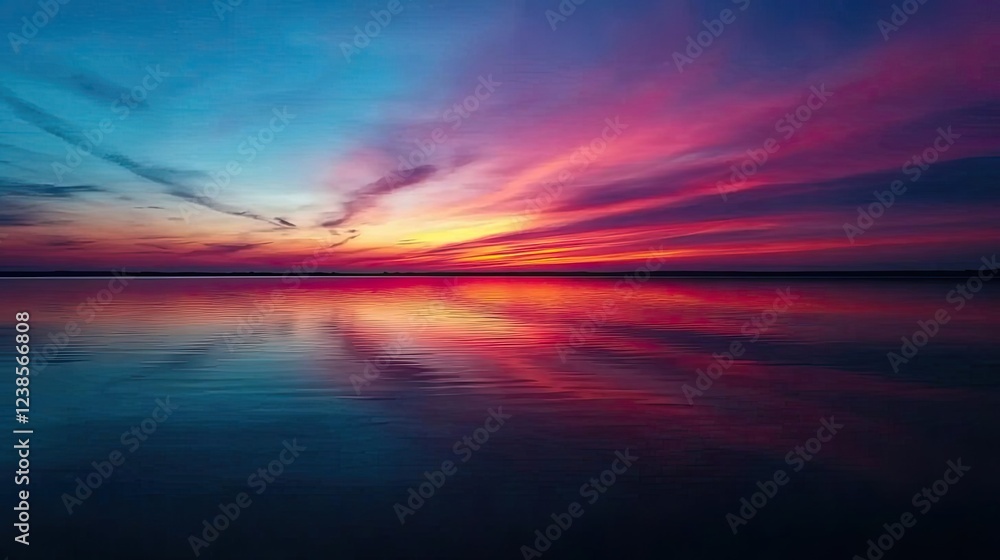 Lake reflections nature concept. A stunning sunset displaying vibrant colors over calm waters with mirrored reflections. Lake reflections nature concept. A stunning sunset displaying vibrant colors over calm waters with mirrored reflections.