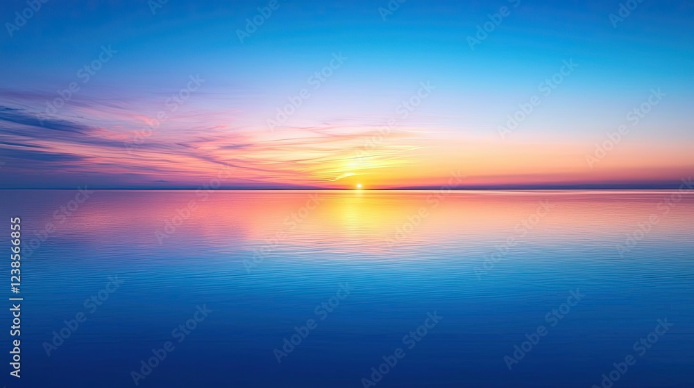 Obraz premium Lake reflections nature concept. Serene sunset over calm waters reflecting vibrant colors in the sky.