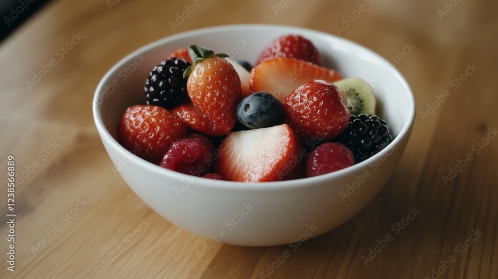 Fresh mixed berries in bowl, wooden table. Healthy breakfast food photography Fresh mixed berries in bowl, wooden table. Healthy breakfast food photography