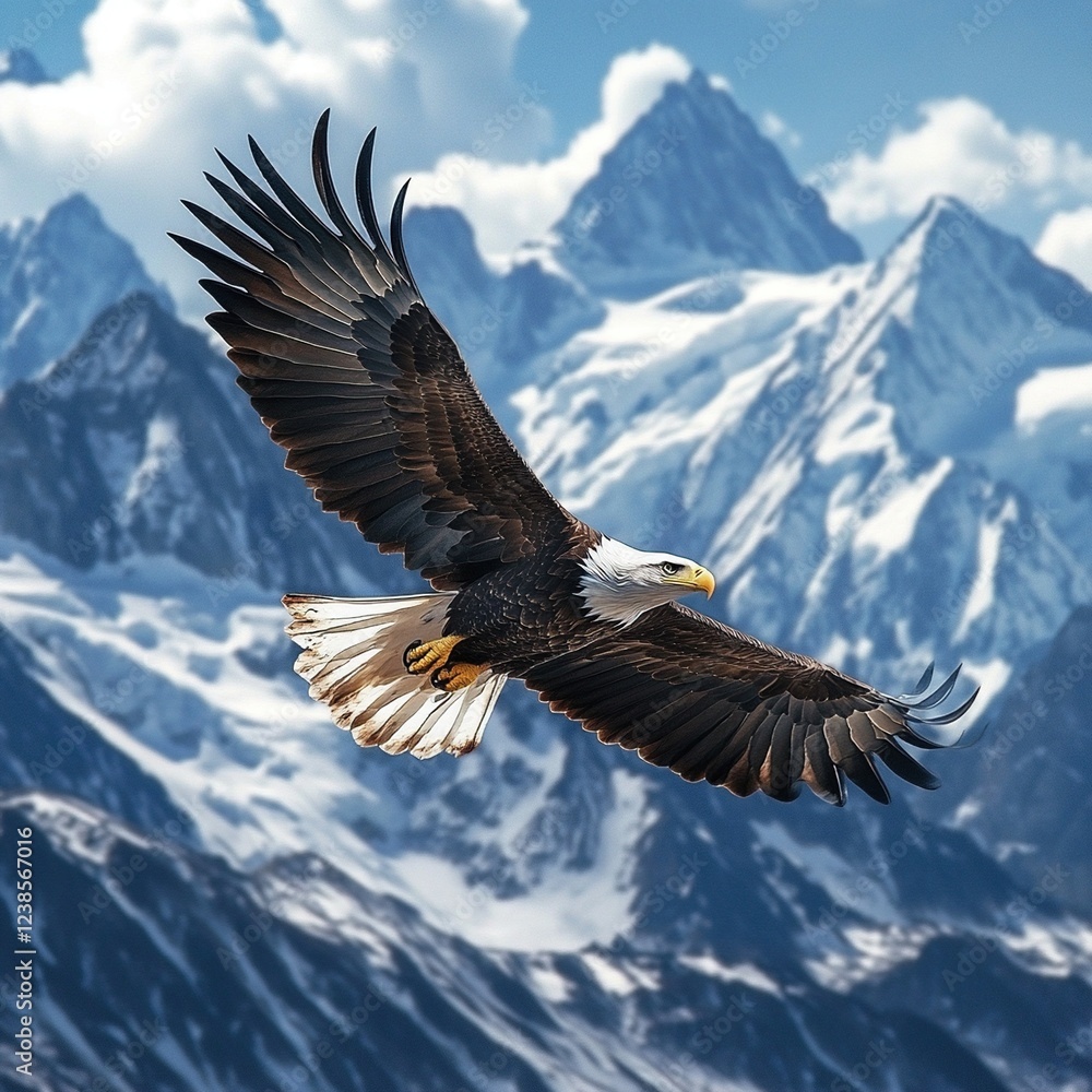 Obraz premium Majestic bald eagle in flight over snow-capped mountains.