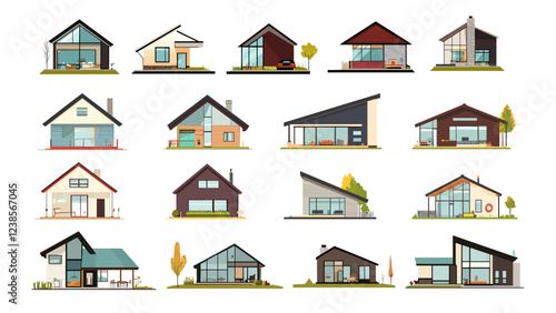 Countryside cottages cartoon vector set. Real estate modern houses, rural bungalows village area chalets homesteads timber buildings lodges, isolated illustrations on white background
