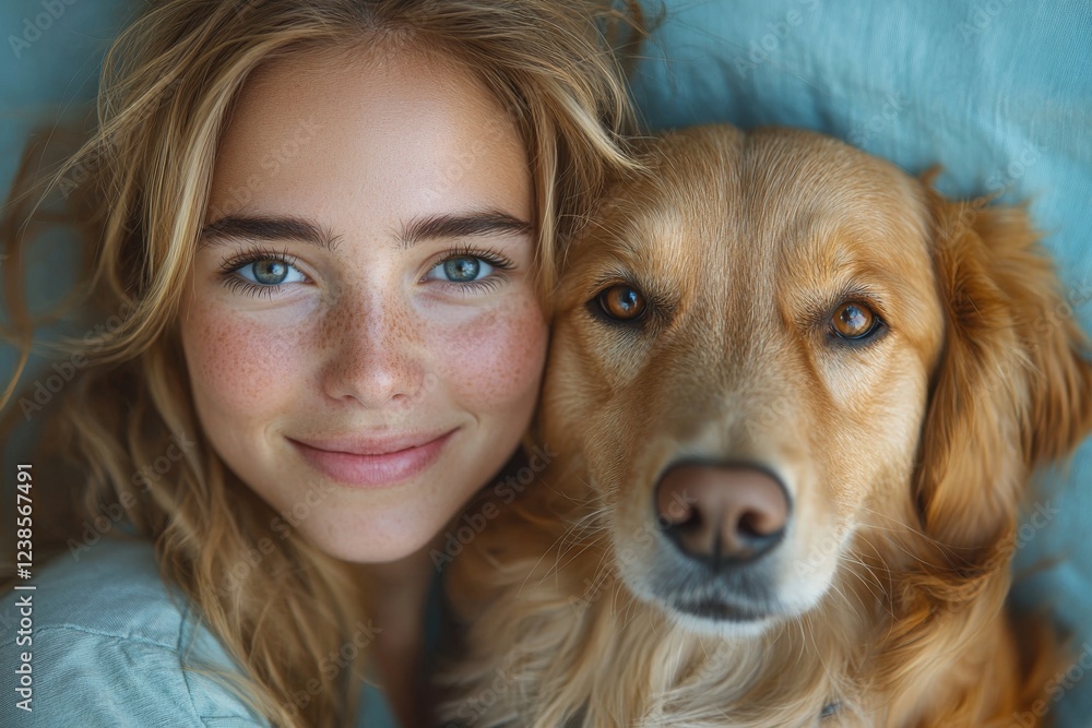 Close-up of a young woman with her best friend, a retriever dog, both dressed casually, taking a selfie with their mobile phone. The woman winks playfully, isolated on a plain pastel light blue Close-up of a young woman with her best friend, a retriever dog, both dressed casually, taking a selfie with their mobile phone. The woman winks playfully, isolated on a plain pastel light blue
