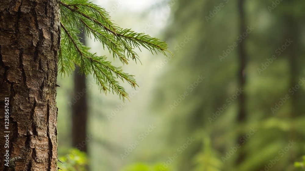 Pine tree branch in forest setting. Represents natural environment, woodland detail, and forest atmosphere. Pine tree branch in forest setting. Represents natural environment, woodland detail, and forest atmosphere.