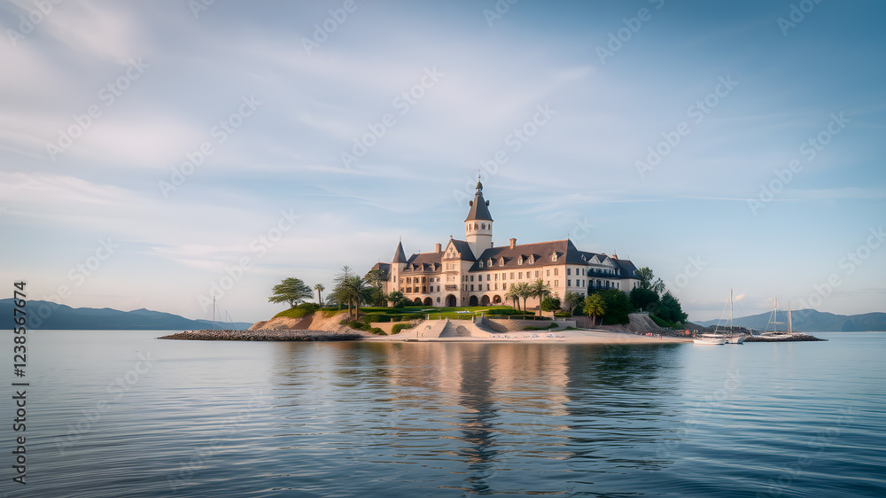 Island, sea, luxurious hotel, beach, house, castle, Generative AI Island, sea, luxurious hotel, beach, house, castle, Generative AI