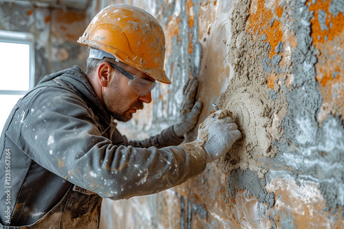 Man builder in a hard hat is working on a brick wall photo