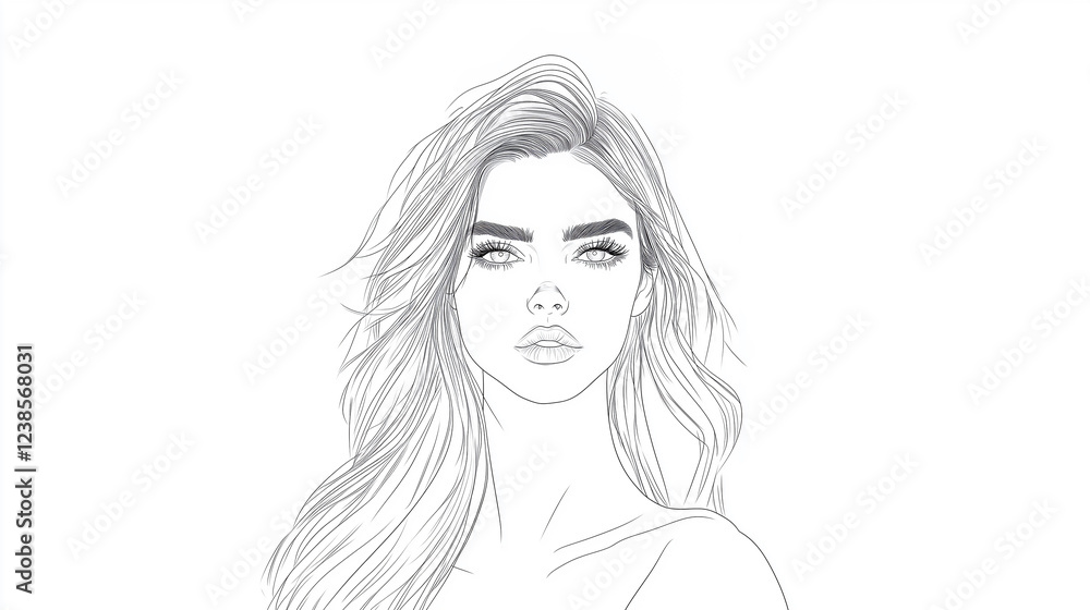 Simple line drawing of a beautiful woman with long hair, white background, vector art style, coloring page for adults, thick lines and shading, clear black outline, white background Simple line drawing of a beautiful woman with long hair, white background, vector art style, coloring page for adults, thick lines and shading, clear black outline, white background