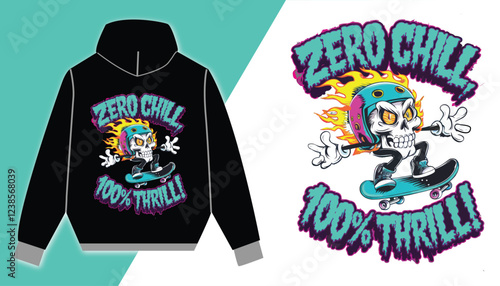 Zero Chill Skateboard Skull Hoodie – Extreme Thrill Graphic Apparel with Fiery Helmet, Bold Streetwear Art, Urban Punk Rock Aesthetic, and Fearless Skater Energy