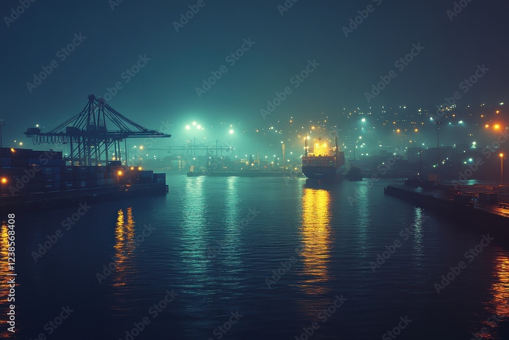 Atmospheric Night View of a Busy Industrial Port with Illuminated Cranes and Ships Reflecting on Calm Water Atmospheric Night View of a Busy Industrial Port with Illuminated Cranes and Ships Reflecting on Calm Water