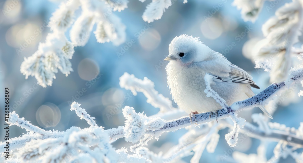 tele zoom shot Little cute fluffy white bird in hoarfrost on a branch under the snow in the Christmas park morning light cool winter tele zoom shot Little cute fluffy white bird in hoarfrost on a branch under the snow in the Christmas park morning light cool winter