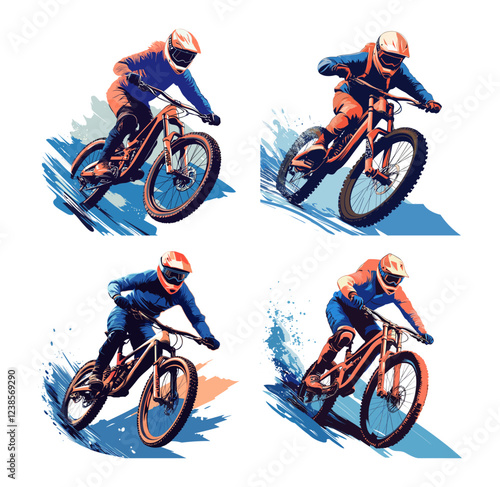 Extreme mountain bike cartoon concepts. Helmet bicycle rider sliding cliff descending, red bull sport steering competition rocky down hill fast jumping descent character person, isolated artworks