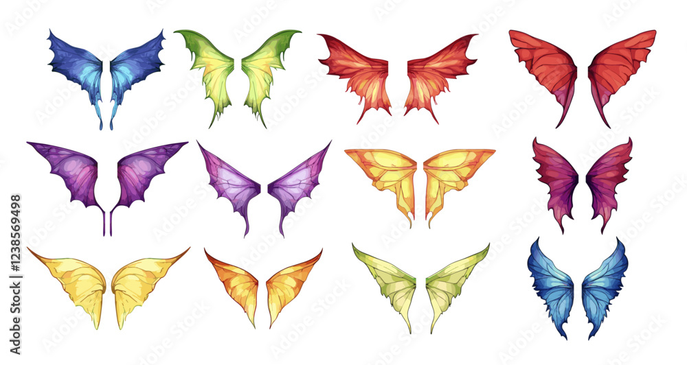 Fototapeta premium Fairy wings cartoon vector set. Flying fantasy soaring sparkling pixie elven ethereal mystic dragon elf creatures magical flutters, isolated illustrations on white background