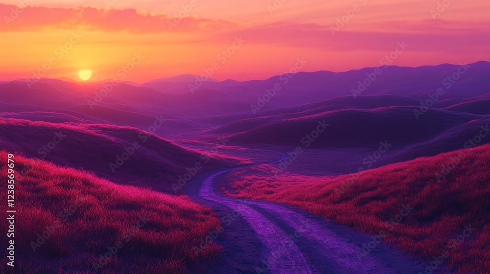 Fototapeta premium Sunset over purple hills, winding road, peaceful landscape, travel postcard