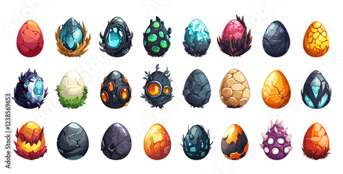 Fantasy eggs cartoon vector set. Reptile dragon serpent shells thorns stones lava mystical phoenix bird elemental glowing inside, creature fantasy living animals orbs, illustrations white background