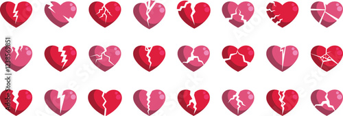 Collection of broken hearts symbolizing different levels of sadness and emotional pain