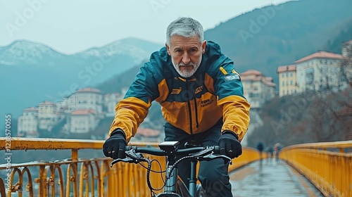 A man on an ebike enjoying a scenic bike ride on a bridge overlooking a beautiful mountain landscape. A perfect blend of adventure and exploration in nature.