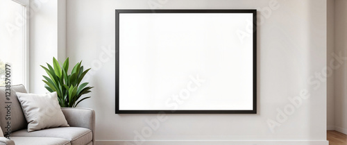 Minimalistic digital frame in bright living room, modern aesthetics