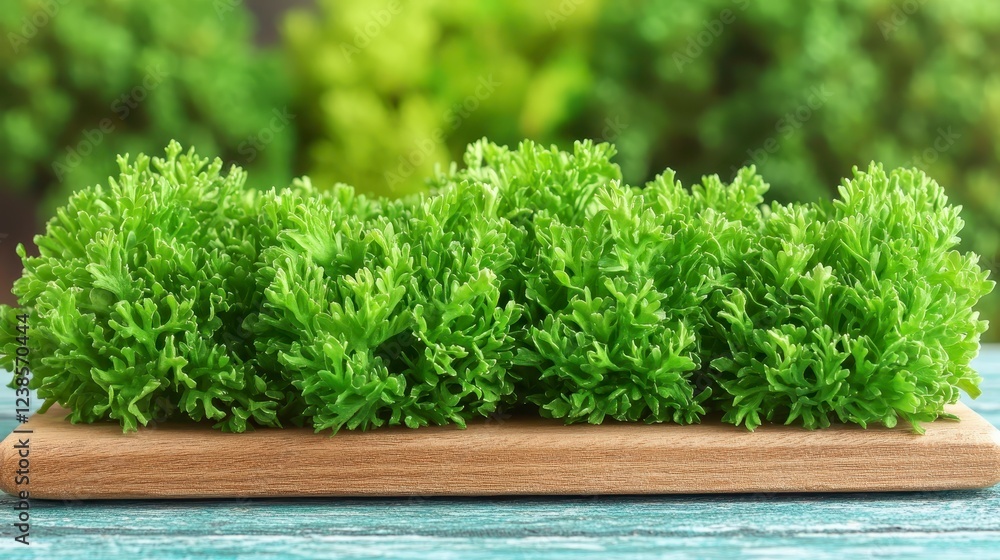 Vibrant green leafy plants arranged on a light brown textured surface, set against a blurred green background. The image evokes feelings of freshness Vibrant green leafy plants arranged on a light brown textured surface, set against a blurred green background. The image evokes feelings of freshness