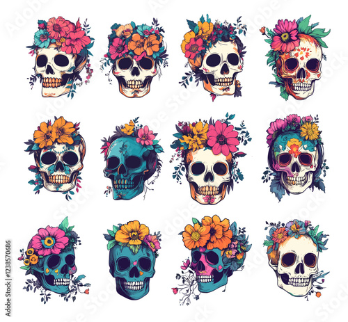 Flowers skulls cartoon vector set. Cranial human skeleton bone dead head blossom botany leafs remains, isolated illustrations on white background