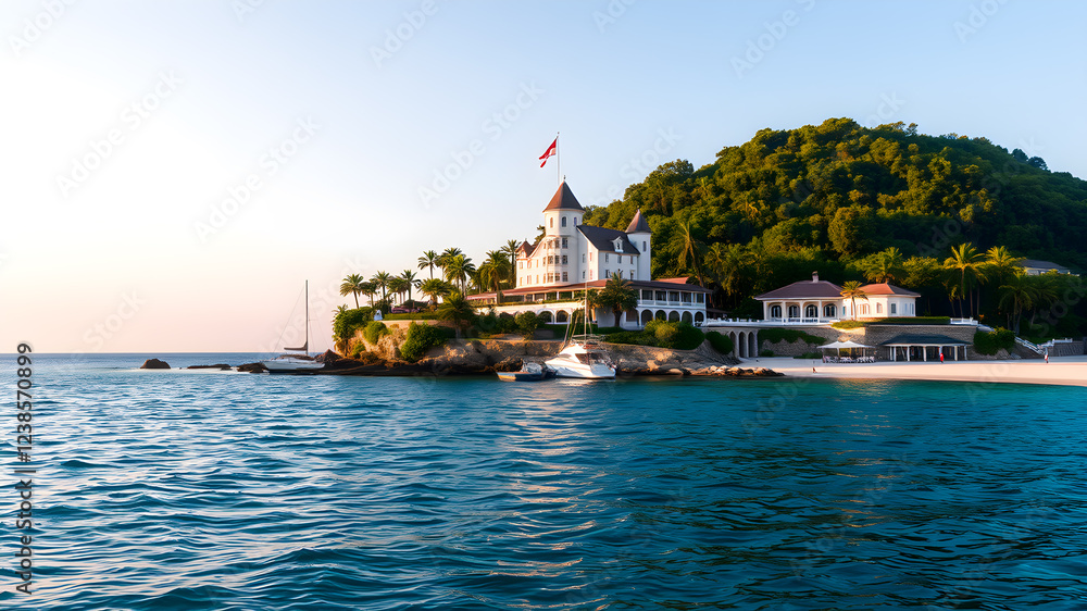 Naklejka premium Island, sea, luxurious hotel, beach, house, castle, Generative AI