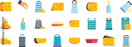 Collection of vector icons depicting grated cheese, cheese graters, and the process of grating cheese, ideal for food blogs, menus, or recipe websites