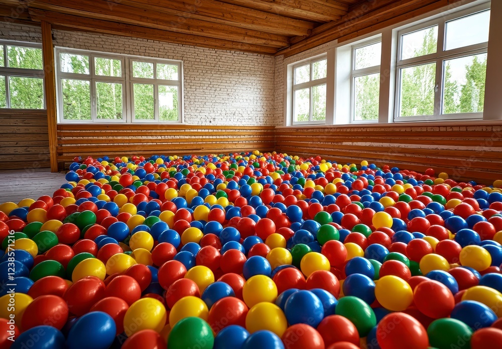 Naklejka premium A large room with wooden walls and multiple windows filled with colorful plastic balls. The balls are red, yellow, blue, and green, creating a