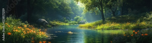 Serene Forest Stream with Sunlit Trees and Vibrant Wildflowers in a Tranquil Natural Setting