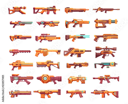 Futuristic weapon cartoon vector set. Pistols blasters submachine sniper rifles rail laser guns firearms assault bullet warfare ammunition, arcade game assets isolated illustrations on white