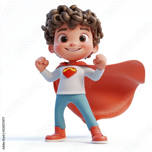 Cheerful kid with curly hair, wearing a superhero cape, striking a confident pose, isolated on white background