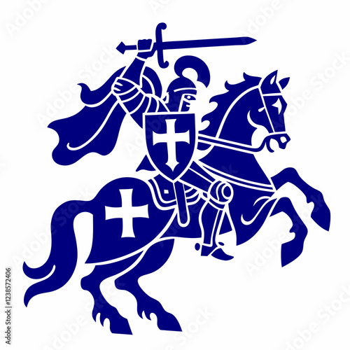 Knight in Armor Riding a Horse, Holding a Sword and Shield with Cross Symbol