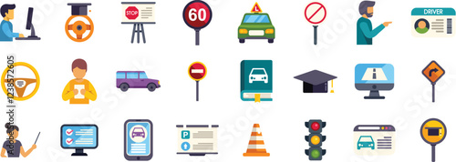 Driving school icons represent various aspects of driver education, including practical training, theory lessons, and online resources