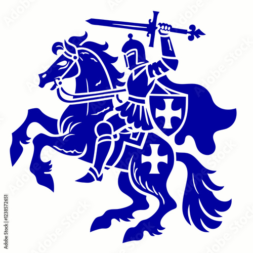 Knight in Armor Riding a Horse, Holding a Sword and Shield with Cross Symbol