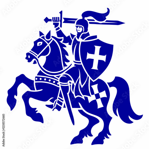 Knight in Armor Riding a Horse, Holding a Sword and Shield with Cross Symbol