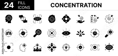Collection of 24 concentration fill icons featuring editable strokes. These outline icons depict various modes of concentration, set, icon, clarity, vision, attention, aim, accuracy, 